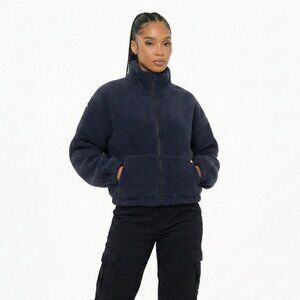 High Level HL Navy Sherpa Fleece Crop Zip up Jacket Warm Soft Fluffy Cozy